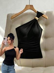 SHEIN Franclia Women's Solid Color Asymmetrical Shoulder Sleeveless Summer Fashionable Minimalist Design Top - Black - View 1
