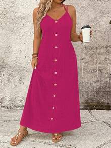 SHEIN LUNE Plus Size Solid Color Cami Vacation Casual Dress - Hot Pink - View 5