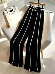 GlowEve CURVE Plus Size Women's Versatile High-End Color Block Metal Buckle Decor Long Pants - Black - View 3