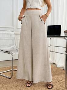 Easowa Women's High-Waisted Wide-Leg Long Pants With Diagonal Pocket And Button Decor, Comfortable Fabric, Casual Relaxed Elegant Commute Old Money Style - Apricot - View 4