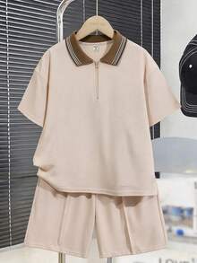 SHEIN 青少年男童條紋短袖拉鍊設計 Polo 衫與短褲套裝 - 杏色 - 查看 7