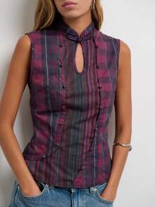 Nöista Plaid Mandarin Collar Top With Keyhole Neckline For Going Out And Vacation Styling. - Purple - View 2