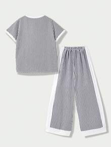 Casuvi Kids Casuvi 女童 2件組 泡泡條紋編織舒適面料休閒百搭條紋對比飾邊圓領蝙蝠袖T恤搭配直筒長褲套裝，適合春夏季日常穿著與度假 - 黑與白 - 查看 2