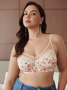 Slumbrini 大码女士网眼拼接性感舒适极简露背文胸 - 杏色 - 查看 1