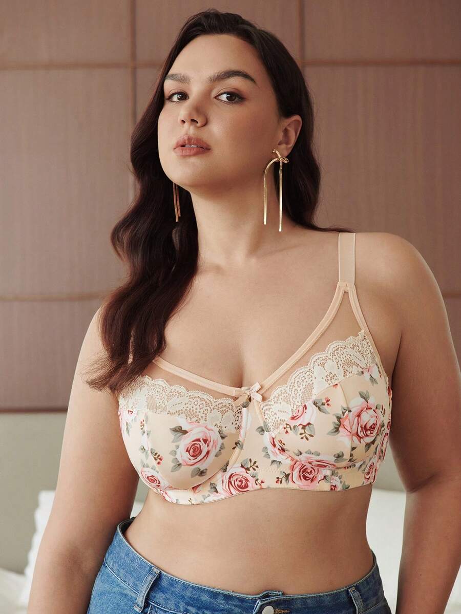 Slumbrini 大码女士网眼拼接性感舒适极简露背文胸 - 杏色 - 查看 1
