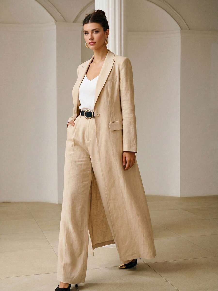 ZEYLAH 100% Linen Long Trench Coat, Elegant For Spring And Summer - Beige - View 1