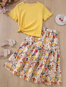 SHEIN 少女黄色碎花吊带背心和短裤套装，休闲夏季假日装 - 黃色 - 查看 6
