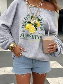 SHEIN EZwear 33%棉淺灰色女款露肩寬鬆休閒長袖運動衫，女款運動衫，女款秋冬穿搭 - 灰色 - 查看 4