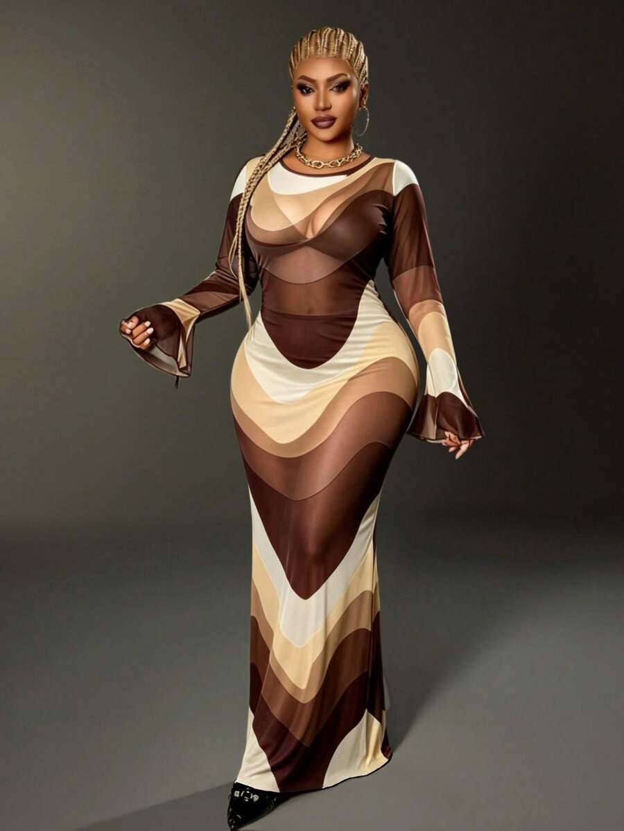 Maweii Plus Size Color Block Round Neck Sheer Sexy Long Sleeve Dress - Apricot - View 1