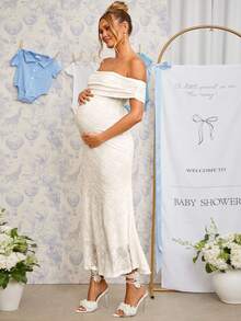 Loomaby Maternity Off-Shoulder Pleated Jacquard Elegant Dress,Gender Reveal Dress,Maternity Dress,Baby Shower Dress - Apricot - View 13