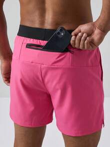 Acti Log Men's Contrast Color Waistband Side Slit Sports Shorts, Gym - Hot Pink - View 4