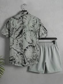 Oro Vacation 男士葉子印花短袖襯衫與抽繩腰短褲休閒度假海灘套裝 - 灰色 - 查看 3