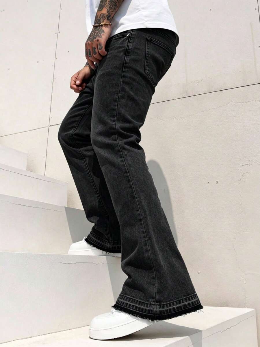 Manfinity EMRG Men's American Casual Gentlemanly Slightly Flared Design Washed Grey Jeans - Black - View 1