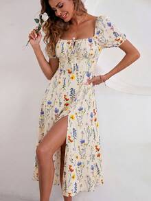Breezaya Allover Floral Knot Split Thigh A-Line Milkmaid Dress Maxi Vacation Beach Outfits Women - Multicolor - View 4