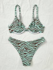 Bellisia Spaghetti Strap Zebra Print Bikini Swimwear, Summer Beach - Mint Green - View 2