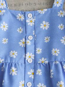 SHEIN Genkimix Kids 少女夏季休閒兩件套，可愛雛菊印花荷葉邊吊帶上衣 & 寬腿長褲，適合姐妹聚會、度假、旅行及日常穿著，甜美波希米亞田園風套裝 - 藍色 - 查看 5