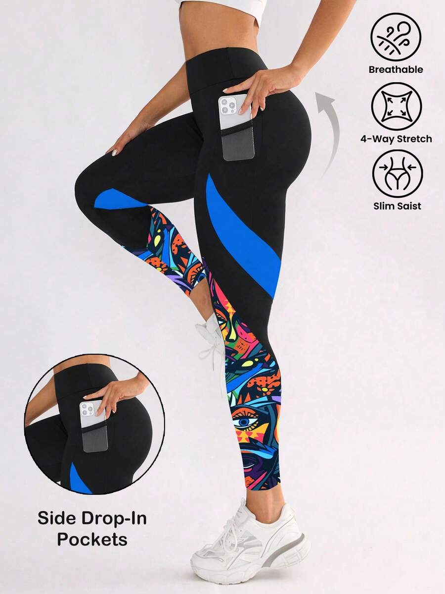 SHEIN Sports 女款眼睛印花口袋緊身褲，適用於日常健身與運動 - 彩色 - 查看 1