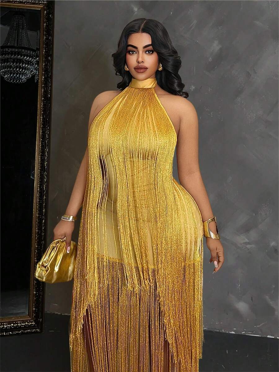 Maweii Plus Size Halter Neck Tassel Evening Gown Bodycon Yellow Performance Dress - Yellow - View 1