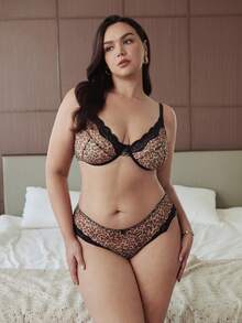 Slumbrini 1 Set Women's Solid Color Leopard Lace Underwire Bra & Panty Set - Multicolor - View 6