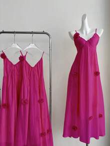 DreamSkyne Gaun A-Line Model Camisole Leher V Elegan Berlipit Chiffon Ukuran Plus dengan Motif Bunga 3D - Hot Pink - View 1