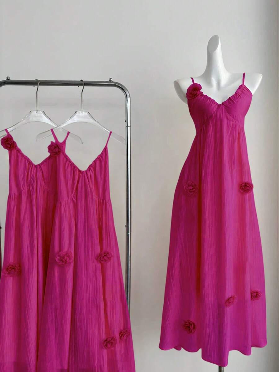 DreamSkyne Gaun A-Line Model Camisole Leher V Elegan Berlipit Chiffon Ukuran Plus dengan Motif Bunga 3D - Hot Pink - View 1