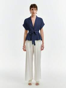 Aalyst Women's Spring/Summer Commute Single-Thread Bamboo Linen Solid Color V-Neck Pleated Dropped Shoulder Cuffed Short Sleeve Blouse - Navy Blue - View 6