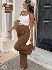 SHEIN Quần bầu dáng rộng cạp chun, túi chéo - màu nâu - Xem 3
