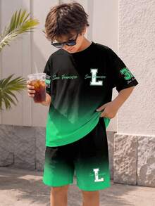 Tween Boy T-Shirt And Shorts Set, All Featuring Black And Green Gradient Design - Multicolor - View 6