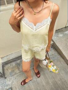 Serisse Women's 2 Pieces Solid Color Lace Trim Camisole And Shorts Set - Yellow - View 11
