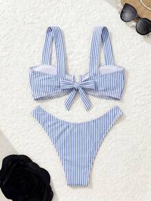 Bonvoyette 夏季波點圖案設計時尚沙灘派對女款兩件式比基尼 藍白條紋性感 - 藍色 - 查看 6