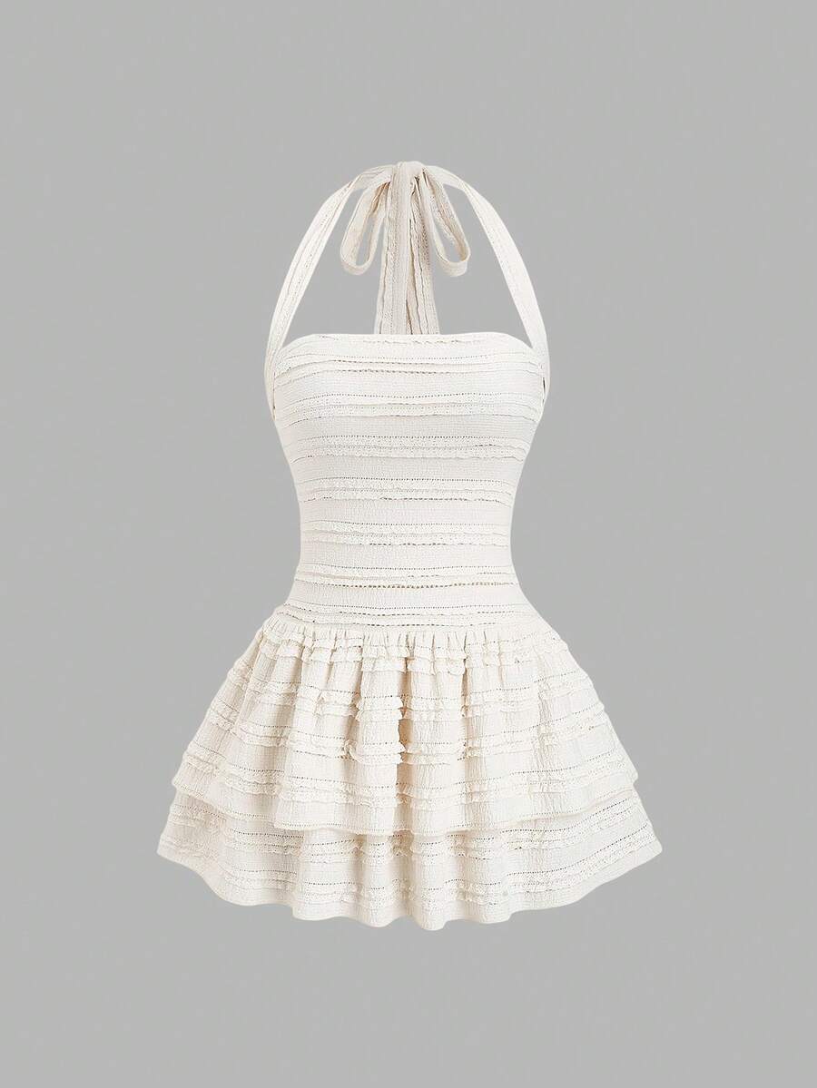 Sweetra New Casual Solid Color Textured Tie-Up Camisole High Waist Flared Skirt, Suitable For Spring/Summer Everyday Wear - Apricot - View 1