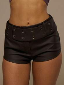 MUSERA Eylet Belted Low Rise Fitted Mini Shorts Spring Summer Festival Vacation Ibiza Holiday Rave Sexy Y2k Utility Siren - Coffee Brown - View 3