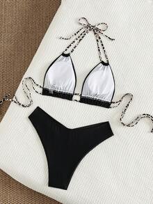 Swim Basics Setelan Baju Renang Dua Potong Seksi Wanita Motif Leopard Patchwork Leher Halter untuk Pantai Musim Panas - MultiWarna - View 2