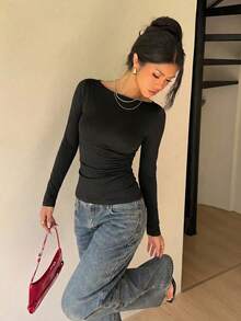 Siren Gaze T-shirt da donna a maniche lunghe con pieghe, colore unito, versatile e alla moda per uso quotidiano - nero - Visualizzare 2