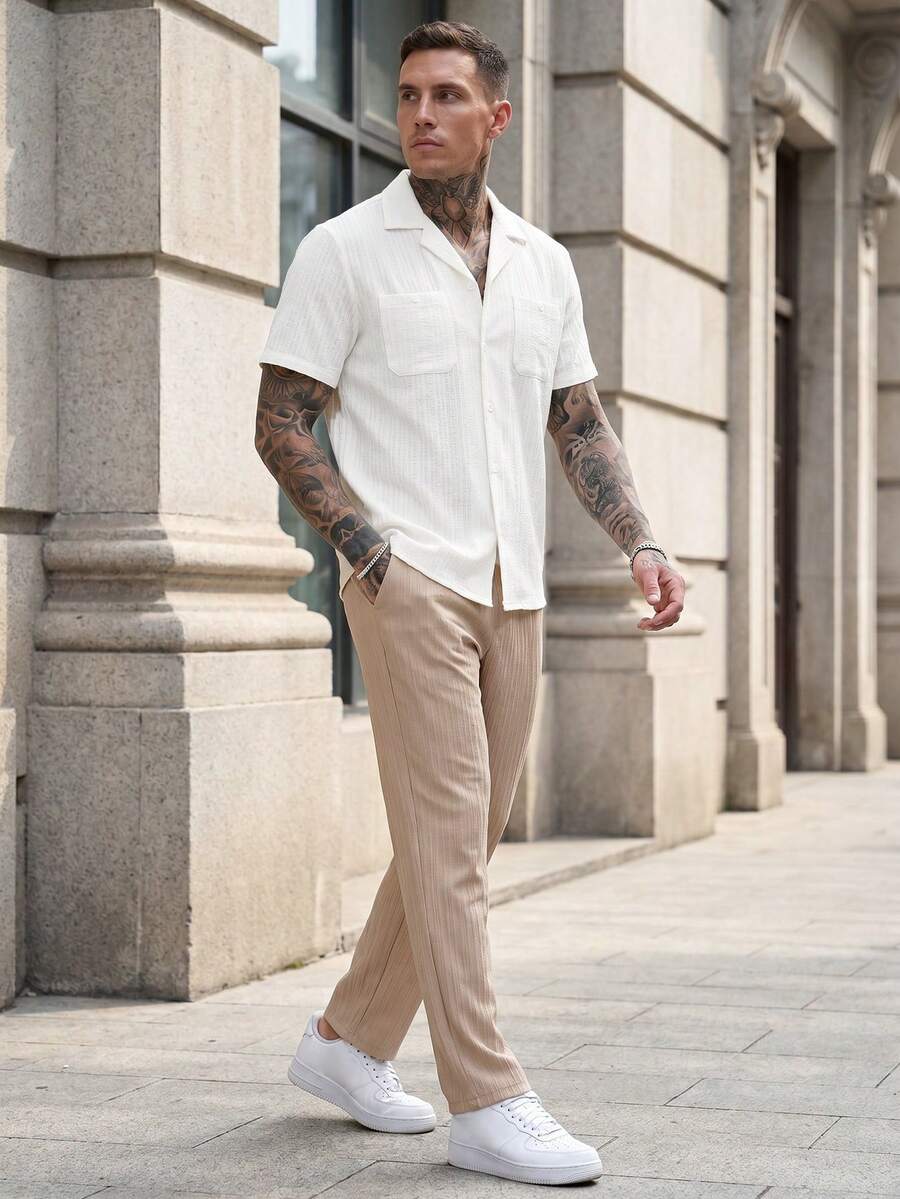 Manfinity CasualCool 2-Piece Men's White Summer Casual Vacation Holiday Solid Textured Short-Sleeve Shirt And Drawstring Waist Loose Straight-Leg Trousers Set,Outdoor, Formal - Multicolor - View 1