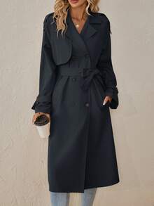 SHEIN Clasi Gabardina con manga raglán, doble botonadura y cinturón para otoño/invierno - Azul Marino - Ver 4