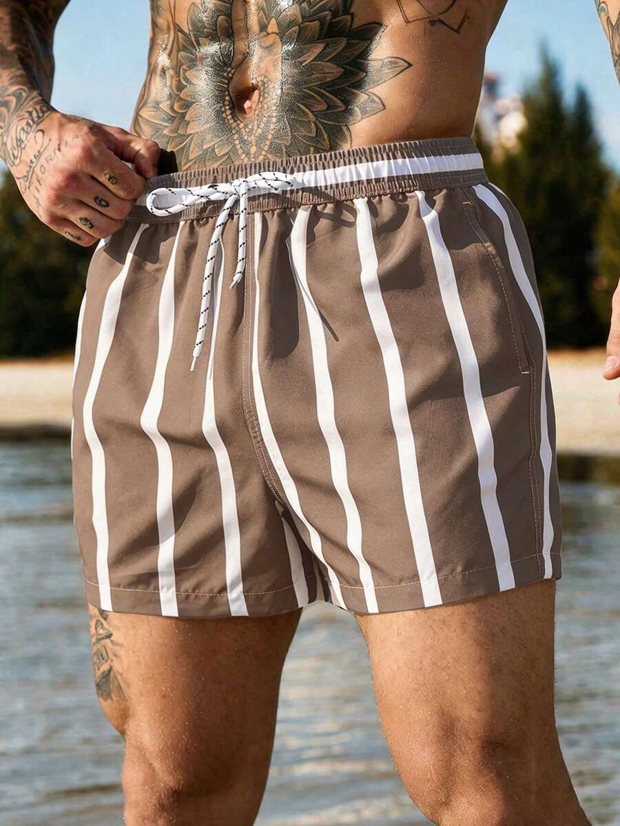 Manfinity KASUA Men's Drawstring Waist Striped Colorblock Casual Vacation Beach Shorts, Holiday - Khaki - View 1
