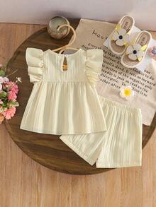SHEIN Genkimix Kids 女童刺繡緞帶飾邊荷葉袖輕盈飄逸寬鬆短褲，活潑靈動森系田園風休閒夏季穿搭，適合出遊、度假與聚會 - 杏色 - 查看 11