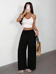 SHEIN PETITE 杏色與黑色多色女款兩件套西裝，100%純棉，休閒舒適百搭，適合度假，適合嬌小女性 - 彩色 - 查看 3