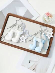 ROMWE Anime 1 Gantungan Kunci DIY, Liontin Tas, Hadiah Liburan untuk Anak Perempuan, dengan Sayap Kulit Biru dan Putih Dua Dimensi yang Segar, Hiasan Berlian Imitasi, Pita, dan Polkadot Bintang - Biru dan Putih -13 - View 4