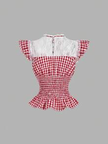 SHEIN MOD Women's Contrast Lace Plaid Cap Sleeve Fashionable Blouse - Red and White - View 2