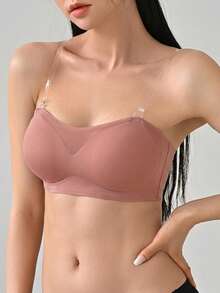 DAZY Sujetador estilo bandeau sin aros con tirante de hombro transparente desmontable - Rosa - Ver 4