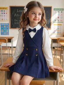 Back To School Season Girls' British Academy Style 2-Piece Dress Set, 4-7 Years Old Children's School Uniform, Peter Pan Collar Long Sleeve Shirt Paired With Elegant Bow Decor, Double-Breasted V-Neck Vest Dress Set, Girls' Spring/Summer Light Formal Piano Performance Outfit, Campus Choir Uniform, Stylish Everyday Princess Dress - Royal Blue - View 5