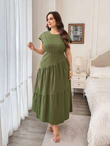 Modelyn Plus Size Women's Fashion Versatile Elegant Casual Round Neck Polka Dot Dress - Army Green - View 7