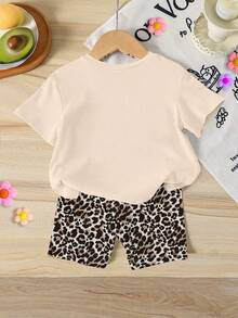 Summer Baby Girl Casual Multi-Piece Set, Brown & Apricot Leopard Print Cartoon Rabbit Pattern, Round Neck Short Sleeve T-Shirt & Shorts - Multicolor - View 2