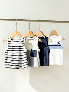 SHEIN Playful Pals 嬰幼兒(男童)上衣，4件圓領無袖背心，清新簡約風格，適合夏季，直筒百搭剪裁，百搭背心，可單穿或作為內搭，乾淨、休閒、百搭、簡約且帶有設計感 - 彩色 - 查看 5