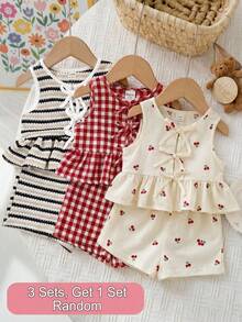 Baby Girl Knitted Striped Round Neck Tank Top And Shorts ,3 Sets, Get 1 Set Random - Black and White - View 1