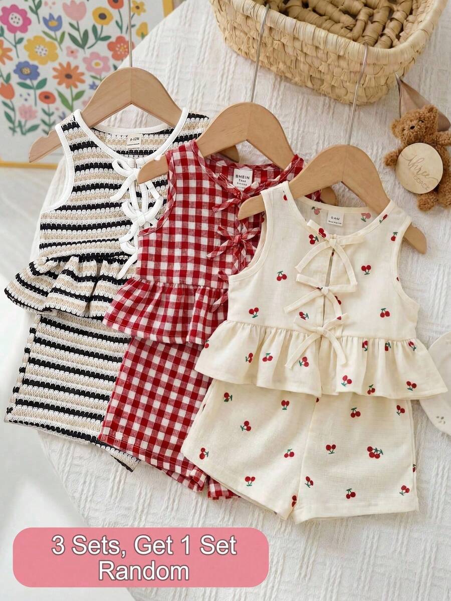 Baby Girl Knitted Striped Round Neck Tank Top And Shorts ,3 Sets, Get 1 Set Random - Black and White - View 1