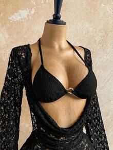 Soleia Women's 3-Piece Sexy Bikini Swimsuit With Coffee Color Mesh Cover-Up Skirt, Fashionable Sexy Swimwear Bathing Suits For Women - Black - View 5