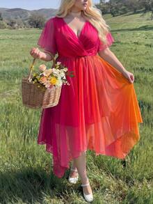 Lyrianda Plus Size Spring/Summer Punk Colorful Gradient Short Sleeve Asymmetrical Hem Dress - Multicolor - View 5